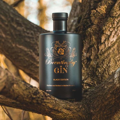 a bottle of brentingby black gin sitting on the branch of a tree