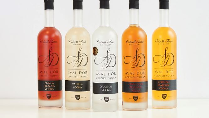 the full range of colwith farm vodkas in a line