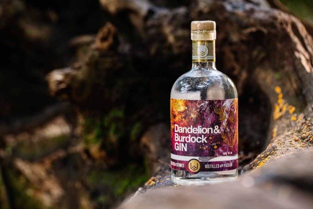 A BOTTLE OF DANDELION AND BURDOCK GIN IN A WOODLAND SETTING